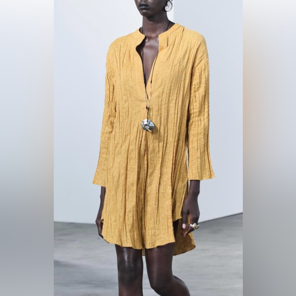 Zara Golden Textured Long Sleeve Dress